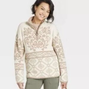Knox Rose Sherpa Fleece Pullover in Cream and Taupe sz L